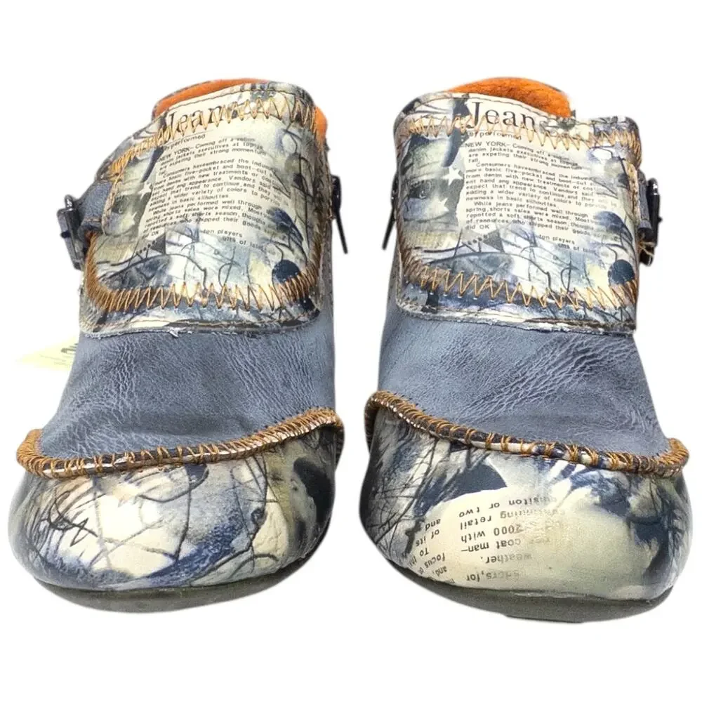 TMA Eyes Women's 6.5 Shooties Newsprint Patchwork  Distressed Heels